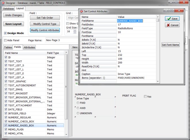 numeric field type, radio buttons, control attributes