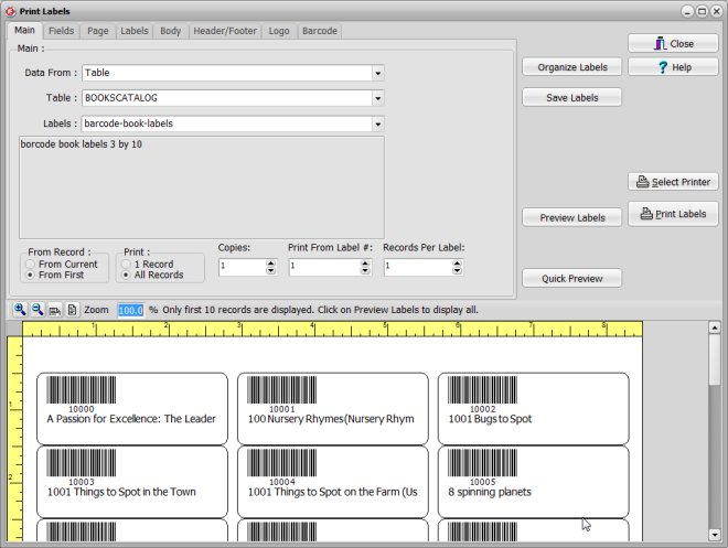 text field type, auto-incrementing control type, print barcode labels