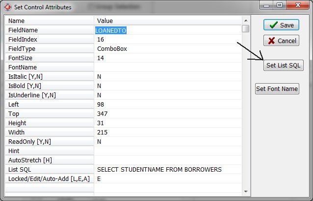 text field type, combo box control type, define sql list