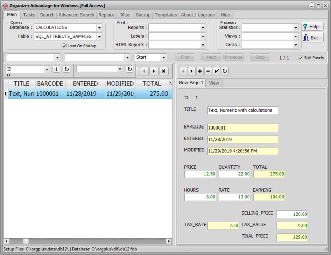 organizer, text and numeric as calculated fields