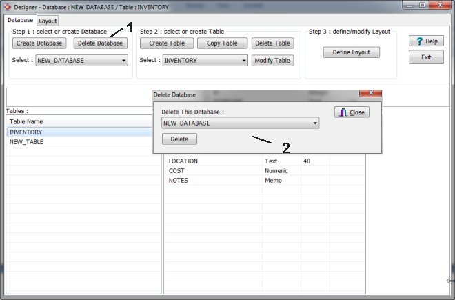 designer, delete database