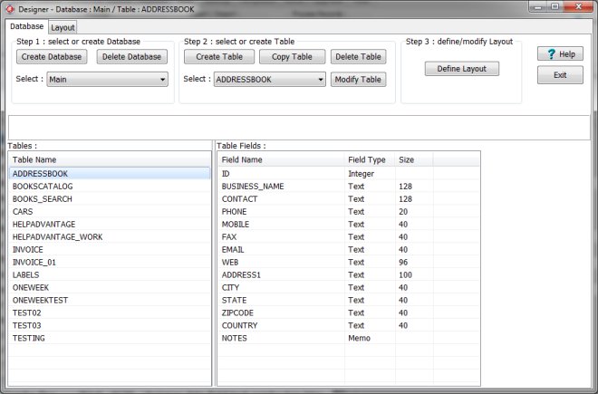 designer, database and table panel