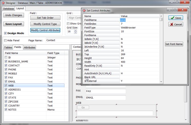 designer, layout panel, modify control attributes