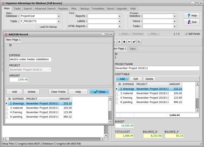 master detail field, project costs sample, add, edit detail data