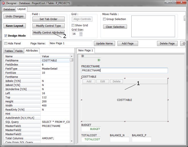 master detail field, project costs sample, layout form