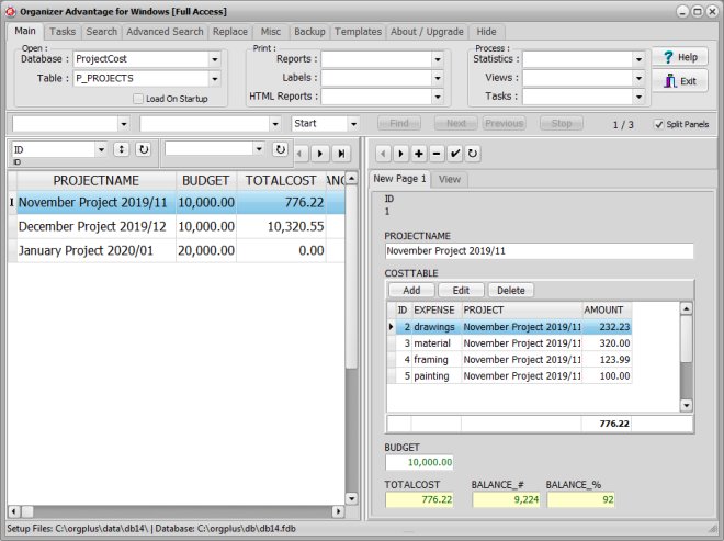 master detail field, project costs sample, master table