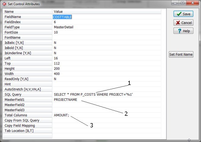 master detail field, project costs sample, attributes