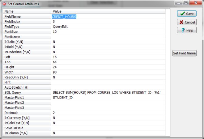 queryedit, sql query field, organizer students, total credit hours