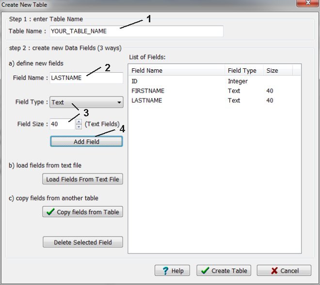 designer, create table, define fields