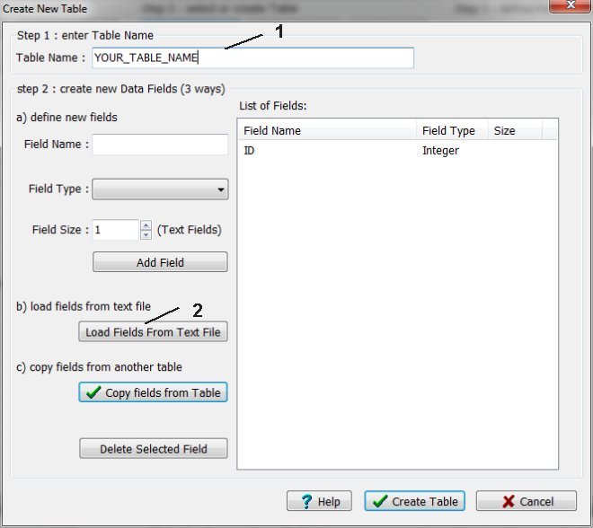 designer, create table, load table definition from file