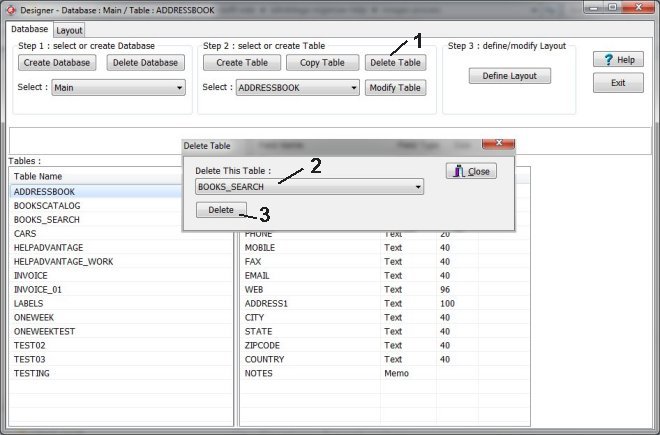 designer, delete table