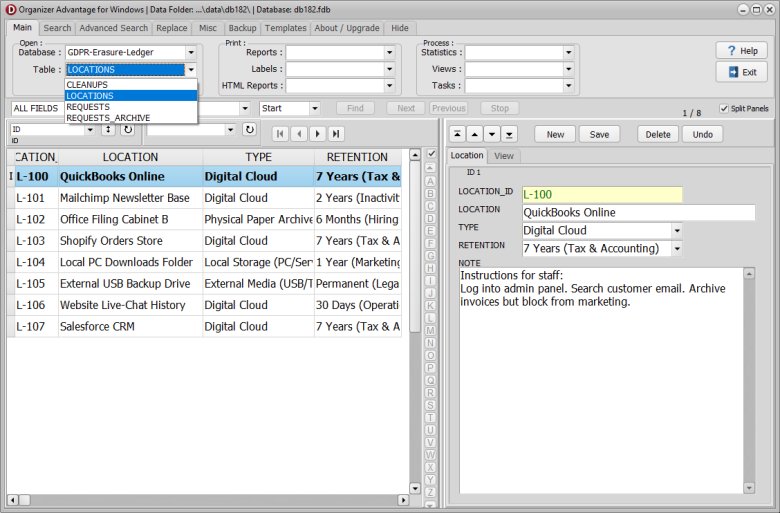 The locations table screen showing custom tracking for both digital CRM systems and physical office folder data.