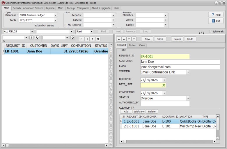 The requests table interface in GDPR Erasure Ledger Organizer Advantage showing customer data deletion requests and a live countdown timer.