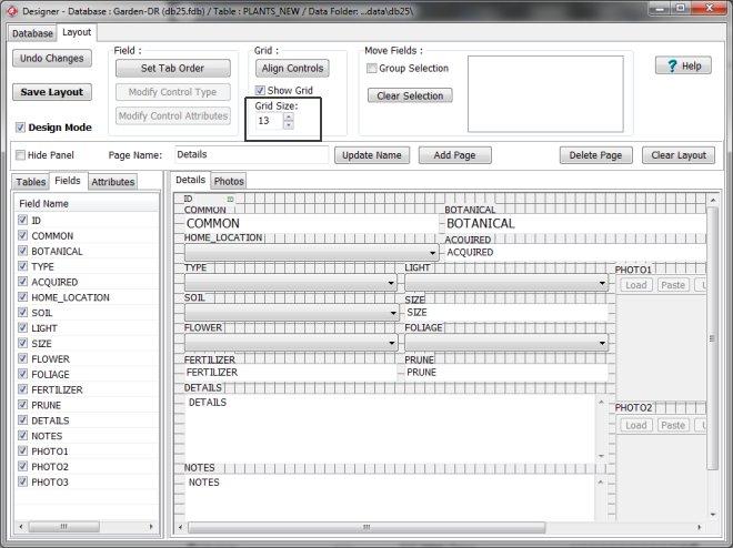 grid on, grid size, desing add edit form