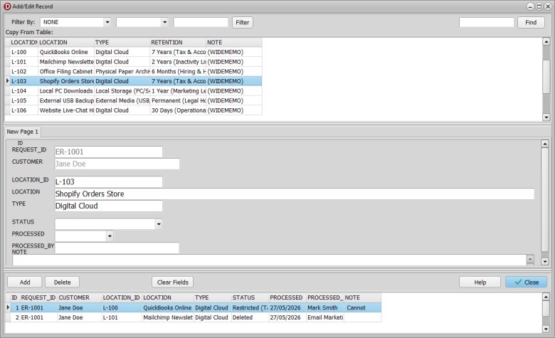 Tutorial screenshot demonstrating how to input and save a new data cleanup transaction in the software.