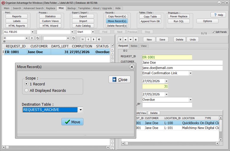 Step-by-step guide showing how to move completed customer records into the secure requests archive.