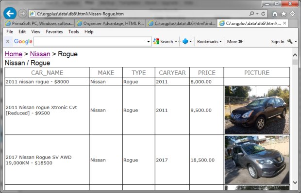 car catalog, html report, simple, sample, example, browser final detail page