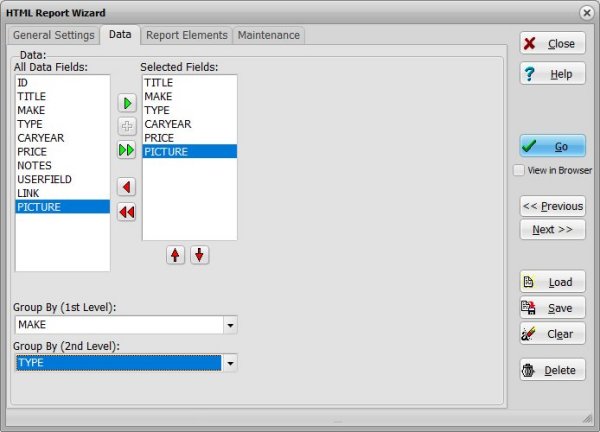 html report wizard window, select data fields, define levels