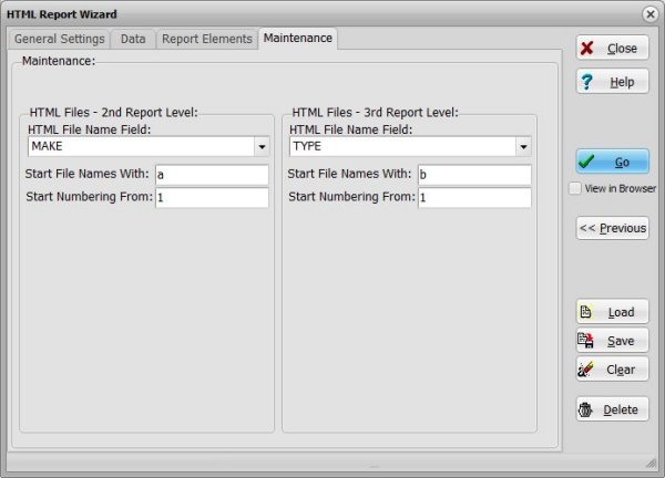html report wizard window, file names, use data fields