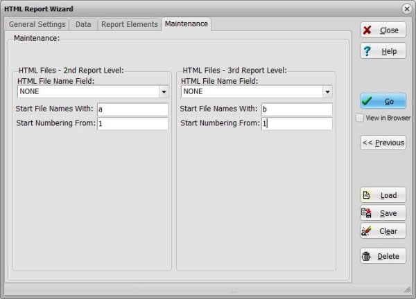 html report wizard window, maintenance, file name options