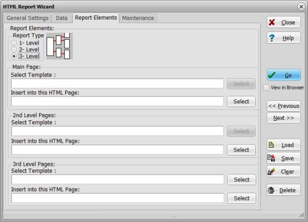 html report wizard window, report elements, one page, one level, two levels