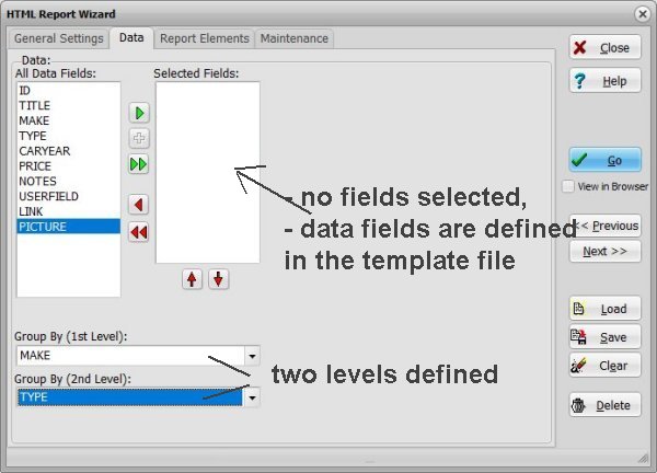 html report wizard, how to, html car listing report sample, 01 data setting
