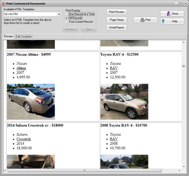 html report, car price catalog with images sample 