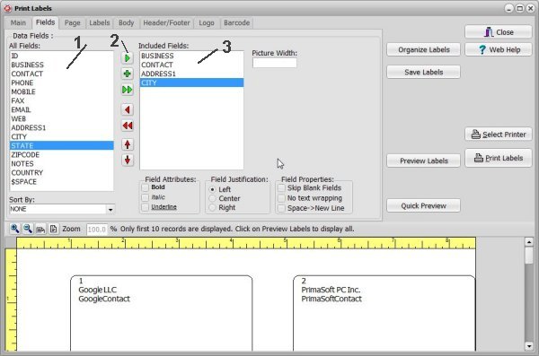 print address labels, select data fields