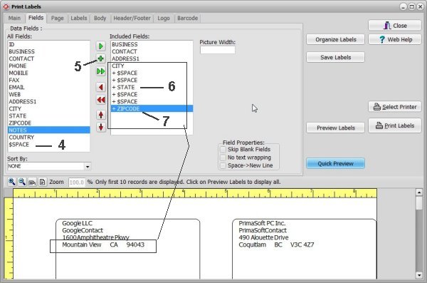 print address labels, define space layout