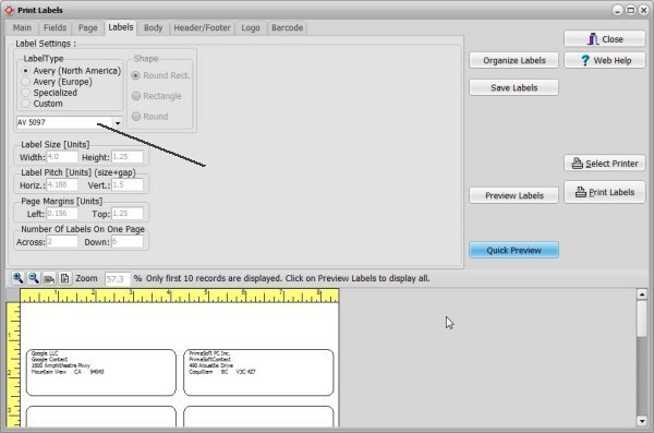 print address labels, select label type