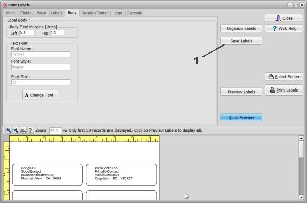 print address labels, define margins