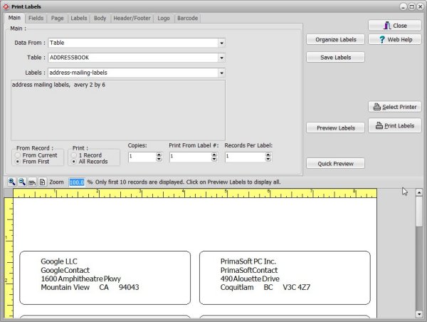 print address labels, template active in print labels window