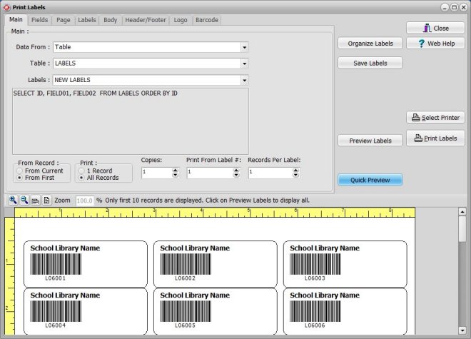 organizer advantage, label window, main options