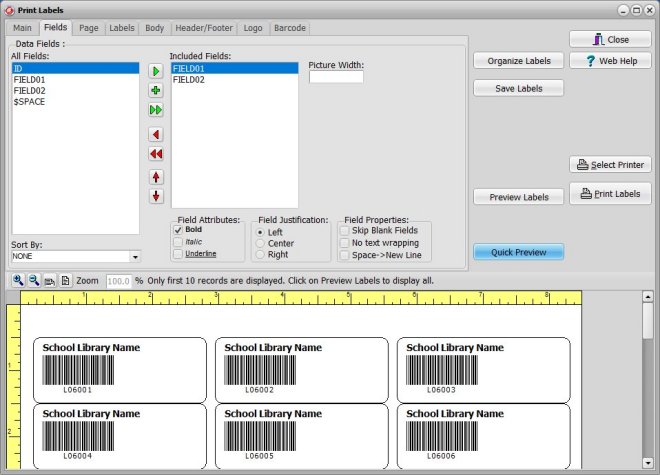 organizer advantage, label window, select fields, set field attributes, label content