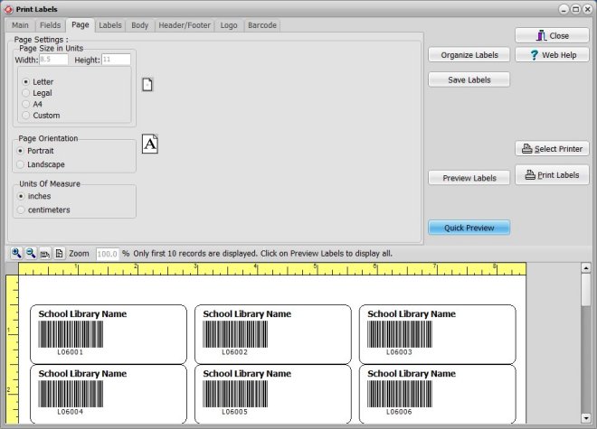 organizer advantage, label window, page options