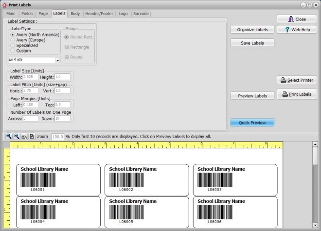 organizer advantage, label window, label types