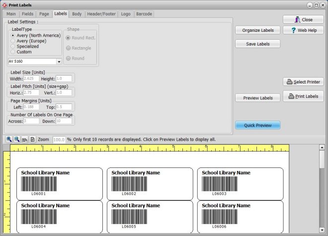 organizer advantage, label window, label types