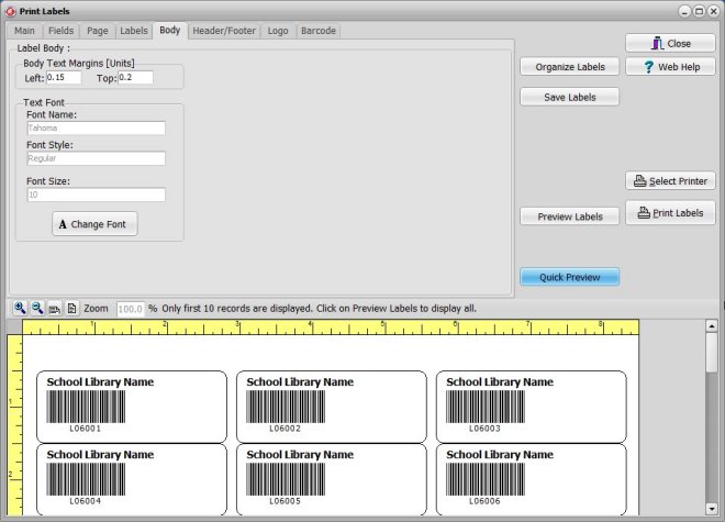 organizer advantage, label window, label body options, margin, fonts