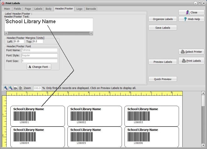 organizer advantage, label window, header footer options