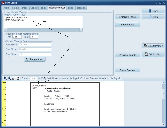 include data from the table in the header footer section