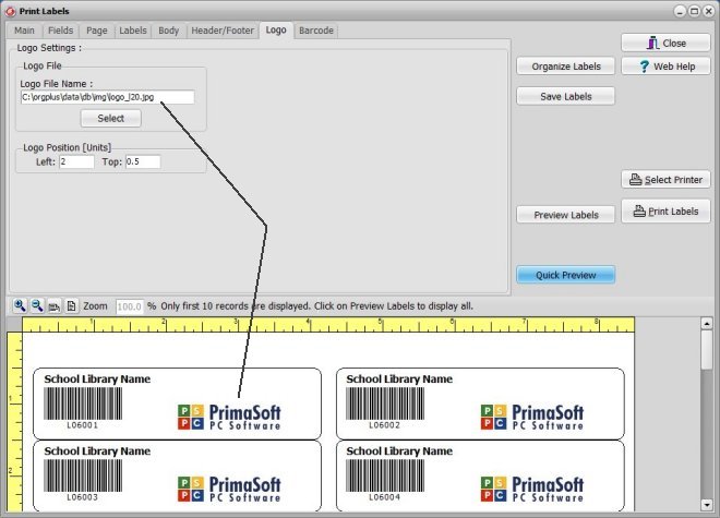 organizer advantage, label window, include image or logo on label