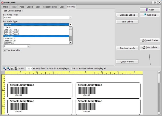 organizer advantage, label window, barcode options