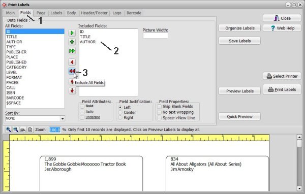 book catalog, define spine label, remove fields