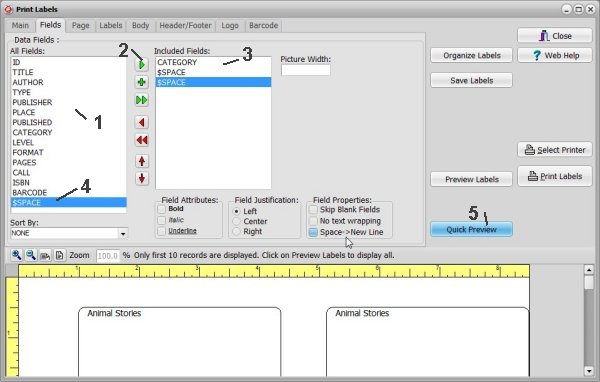 book catalog, define spine label, select data fields