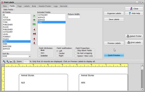 book catalog, define spine labe, select CALL