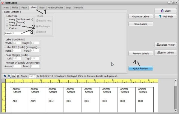 book catalog, create spine label, select spine label template