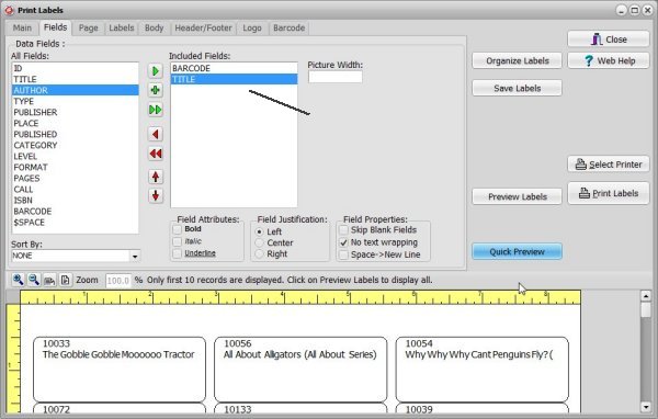 book catalog, create barcode labels, select fields