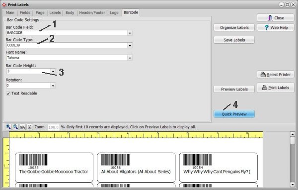 book catalog, create barcode label, define barcode type, code 39