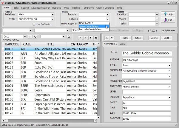 book catalog, select spine or barcode label, main window