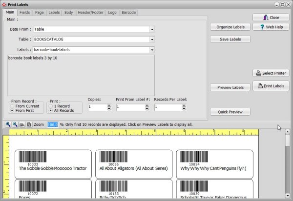 book catalog, print labels with the predefined label